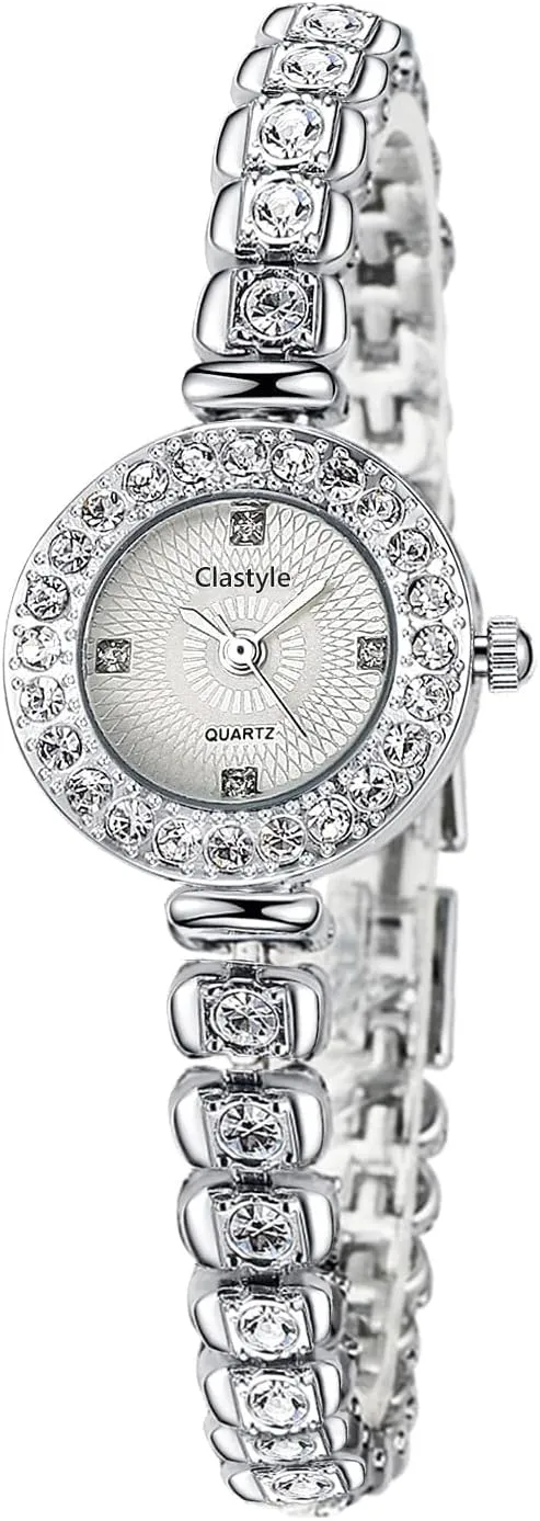 Clastyle Elegant Silver Wrist Watch Gift for Women Bling Rhinestones Slim Bracelet Watch for Mom Fashion Mothers Day Gift
