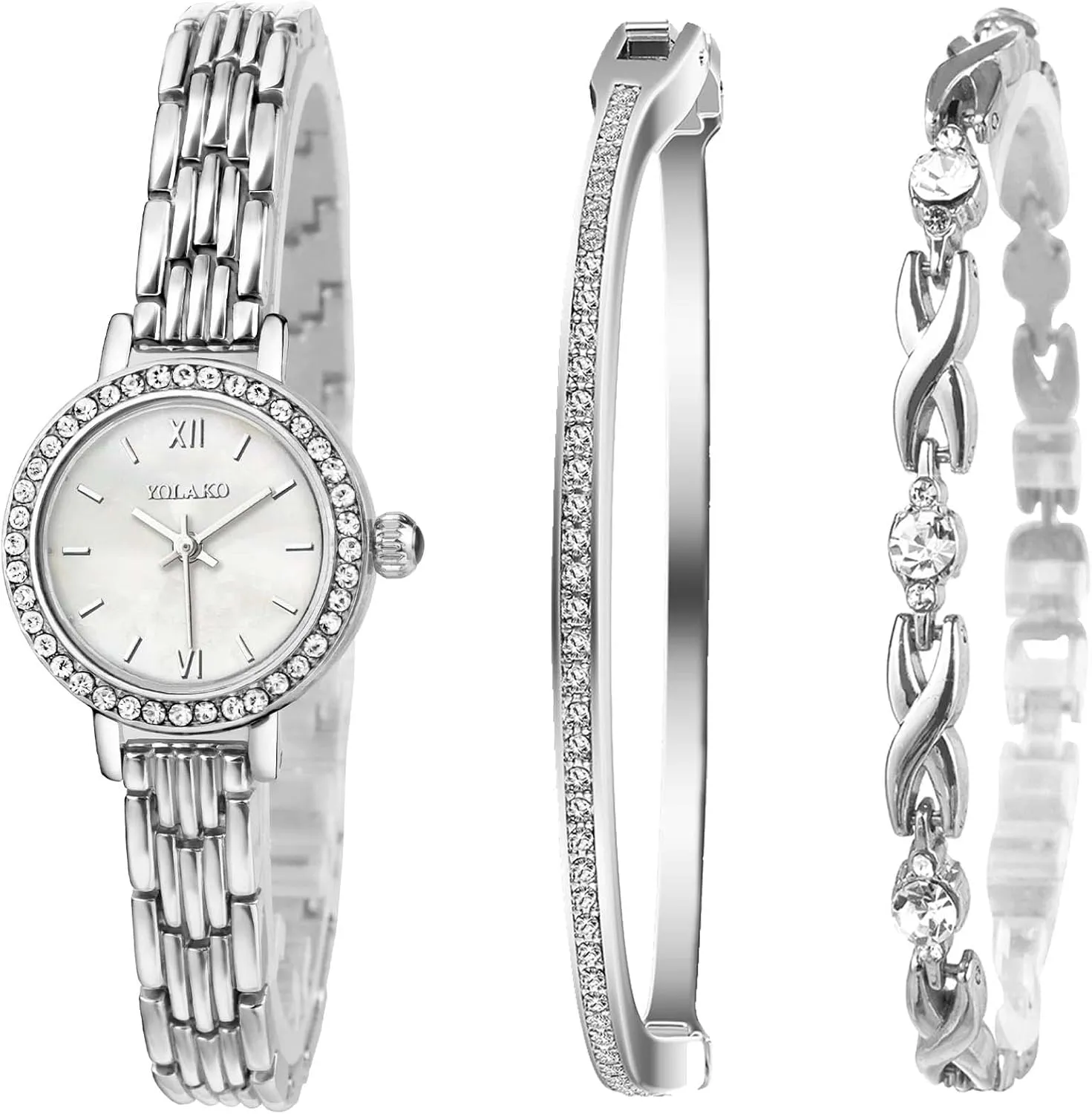 Clastyle Mother of Pearl Ladies Silver Bracelet Watch - Elegant Set With 2 Bangles - Rhinestone Slim Women's Gift for Mom
