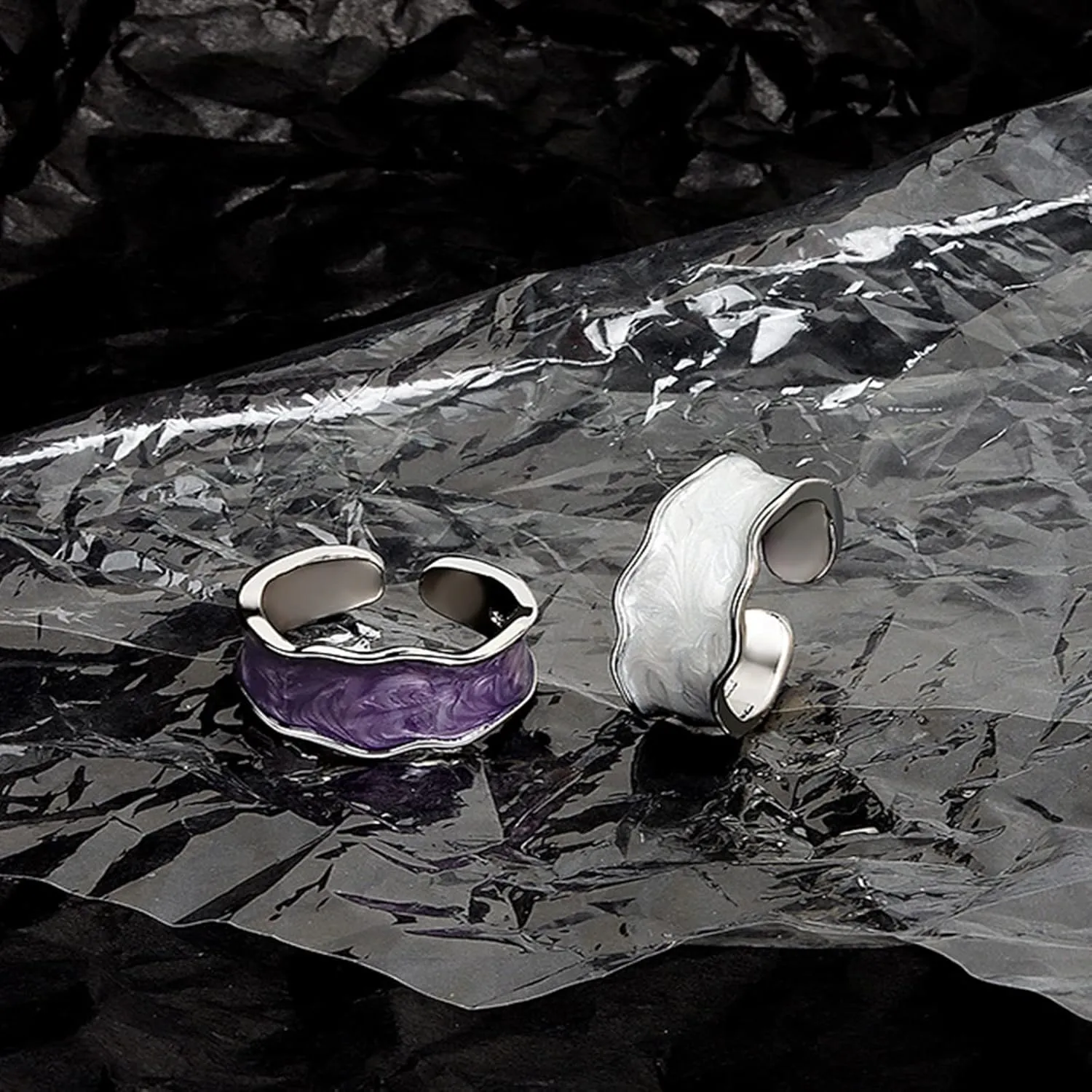 Colorful Adjustable Oil Drip Enamel Wave Wide Irregular Chunky Opening Stackable Punk Cool Elegant Friendship Finger Ring Set Jewelry for Women