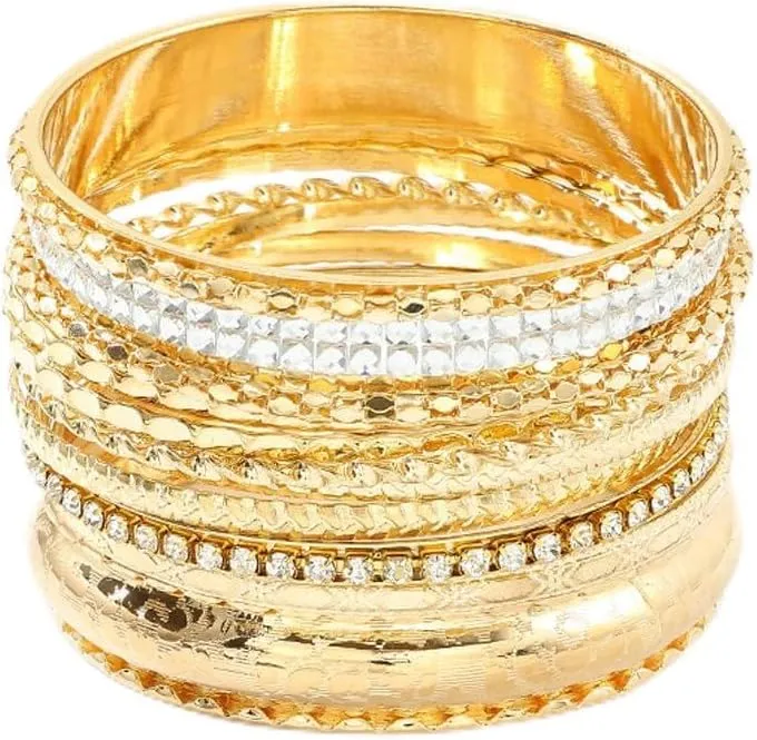 COLORFUL BLING Boho Indian Gold Chunky Stackable Bracelets Set Punk Layered Beads Seed Crystal Cable Wrap Bangles Stacking Bracelet for Women Bohemian Jewelry