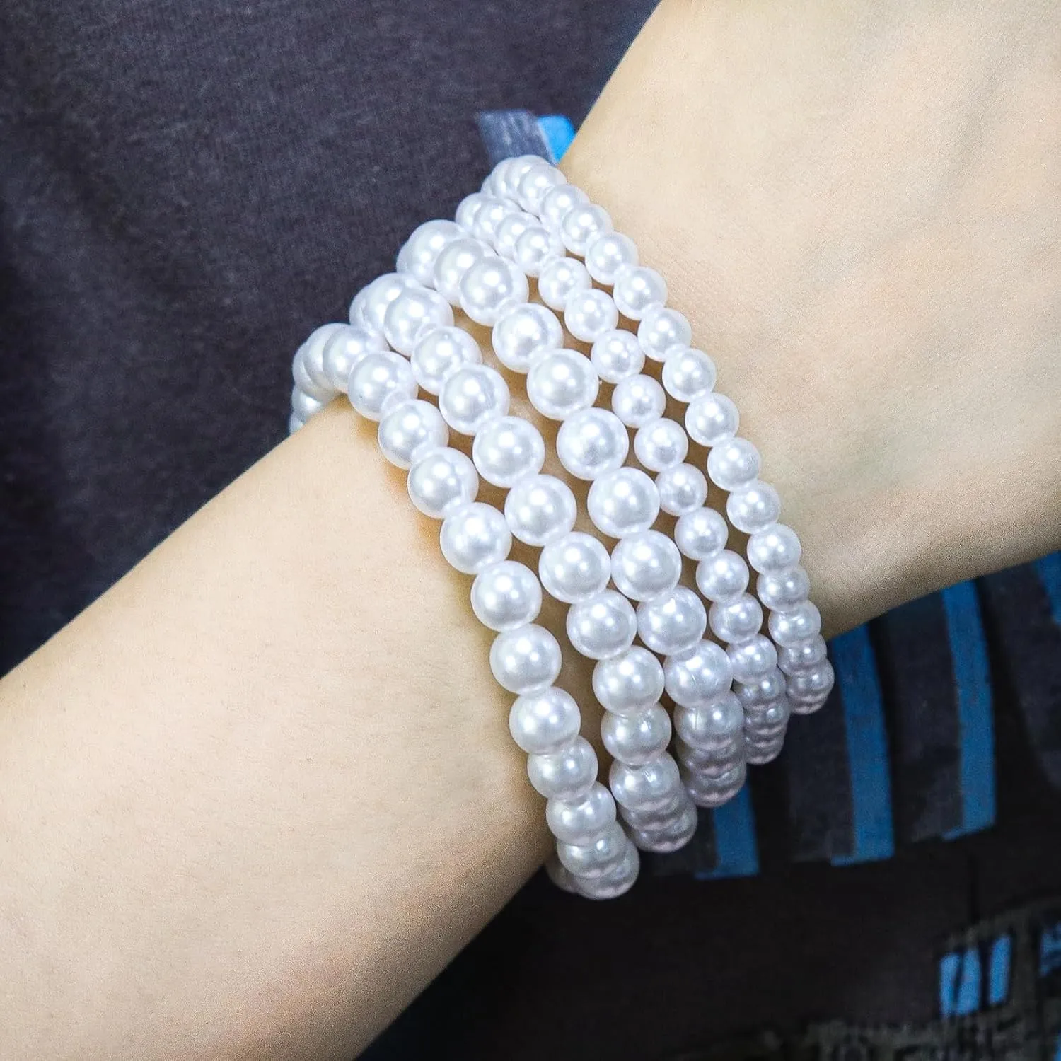COLORFUL BLING Imitation Pearl Stackable Bracelets Set for Women Beaded Stretch Strand Bracelets Bridal Bridesmaid Dancing Party Jewelry
