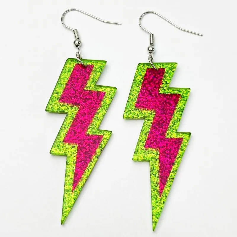 Colorful Neon Lightning Dangle Drop Earrings for Women Retro Sequins Glitter Pendant Acrylic Earring 70's 80's Outfit Glow Holiday Party Halloween Birthday Party Accessories