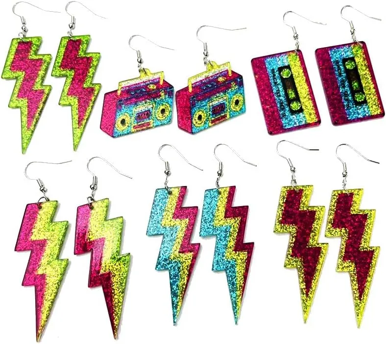 Colorful Neon Lightning Dangle Drop Earrings for Women Retro Sequins Glitter Pendant Acrylic Earring 70's 80's Outfit Glow Holiday Party Halloween Birthday Party Accessories