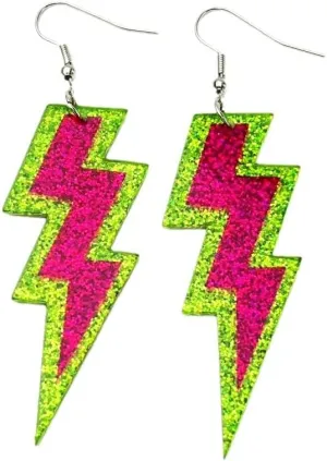 Colorful Neon Lightning Dangle Drop Earrings for Women Retro Sequins Glitter Pendant Acrylic Earring 70's 80's Outfit Glow Holiday Party Halloween Birthday Party Accessories