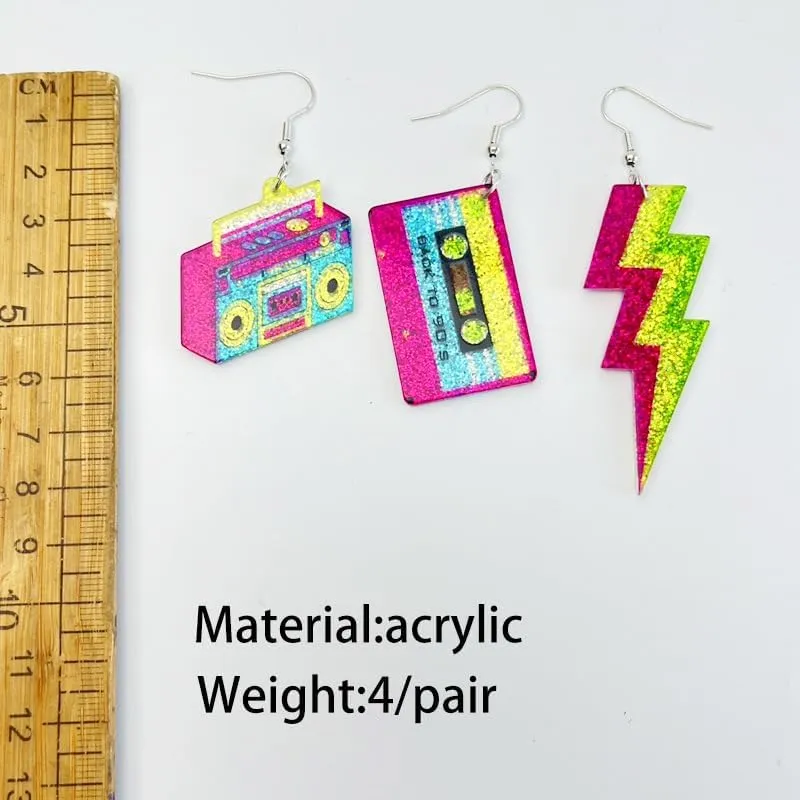 Colorful Neon Lightning Dangle Drop Earrings for Women Retro Sequins Glitter Pendant Acrylic Earring 70's 80's Outfit Glow Holiday Party Halloween Birthday Party Accessories