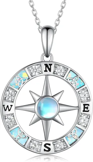 Compass Necklace for Women 925 Sterling Silver Created Moonstone Celtic Knot Compass Pendant Necklaces Inspirational Nautical Dream Jewelry Graduation Gifts for Women