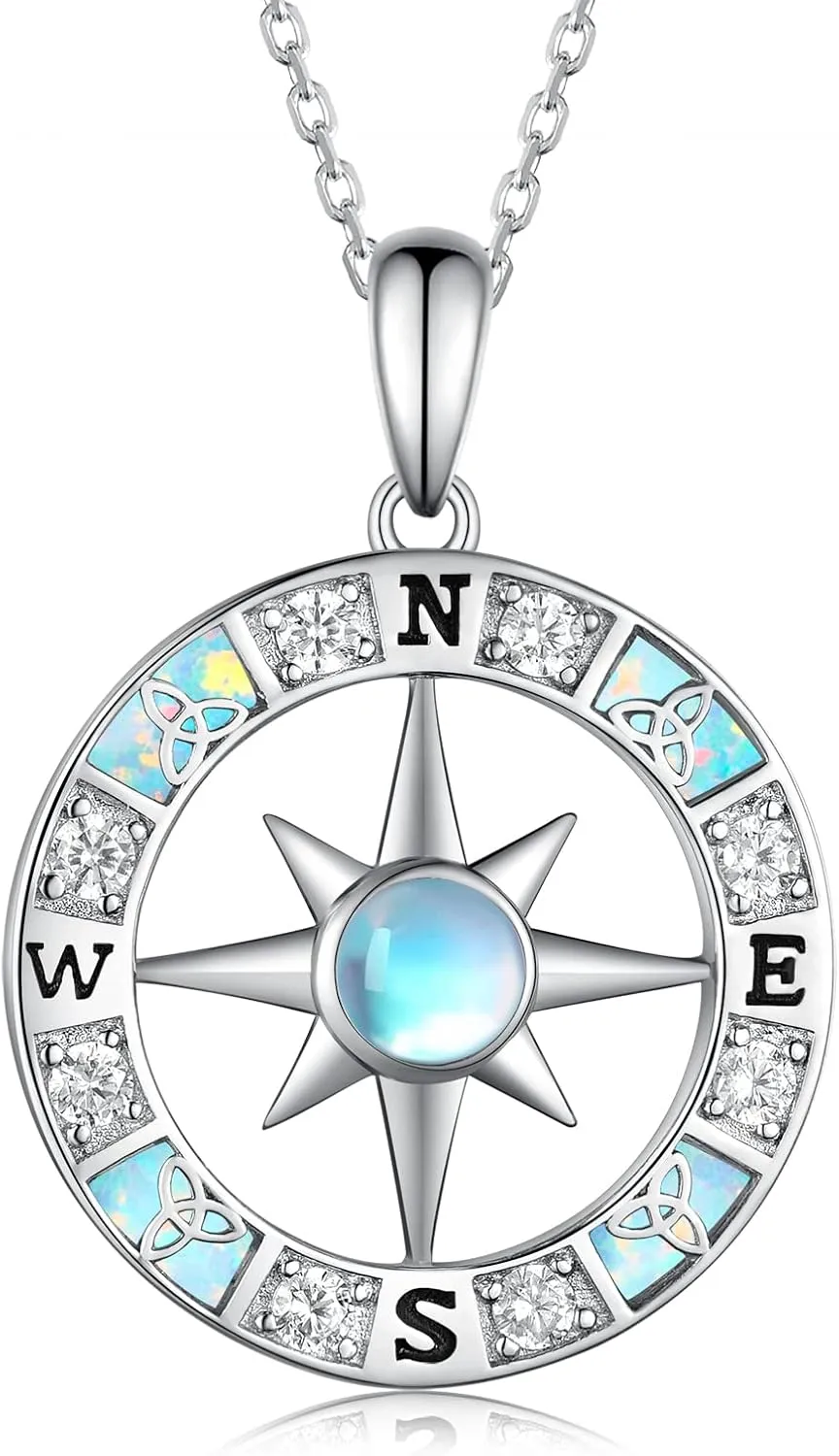 Compass Necklace for Women 925 Sterling Silver Created Moonstone Celtic Knot Compass Pendant Necklaces Inspirational Nautical Dream Jewelry Graduation Gifts for Women