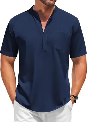 COOFANDY Linen Shirts for Men Short Sleeve Henley Casual Shirt Collarless Linen Shirts Vacation Shirt Fashion Shirts Navy Blue
