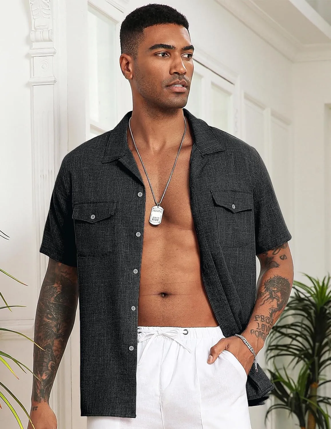 COOFANDY Men's Linen Short Sleeve Button Down Shirt Casual Cuban Collar Summer Beach Shirts Vacation Essentials