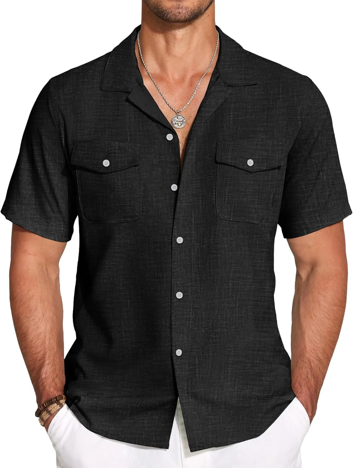 COOFANDY Men's Linen Short Sleeve Button Down Shirt Casual Cuban Collar Summer Beach Shirts Vacation Essentials
