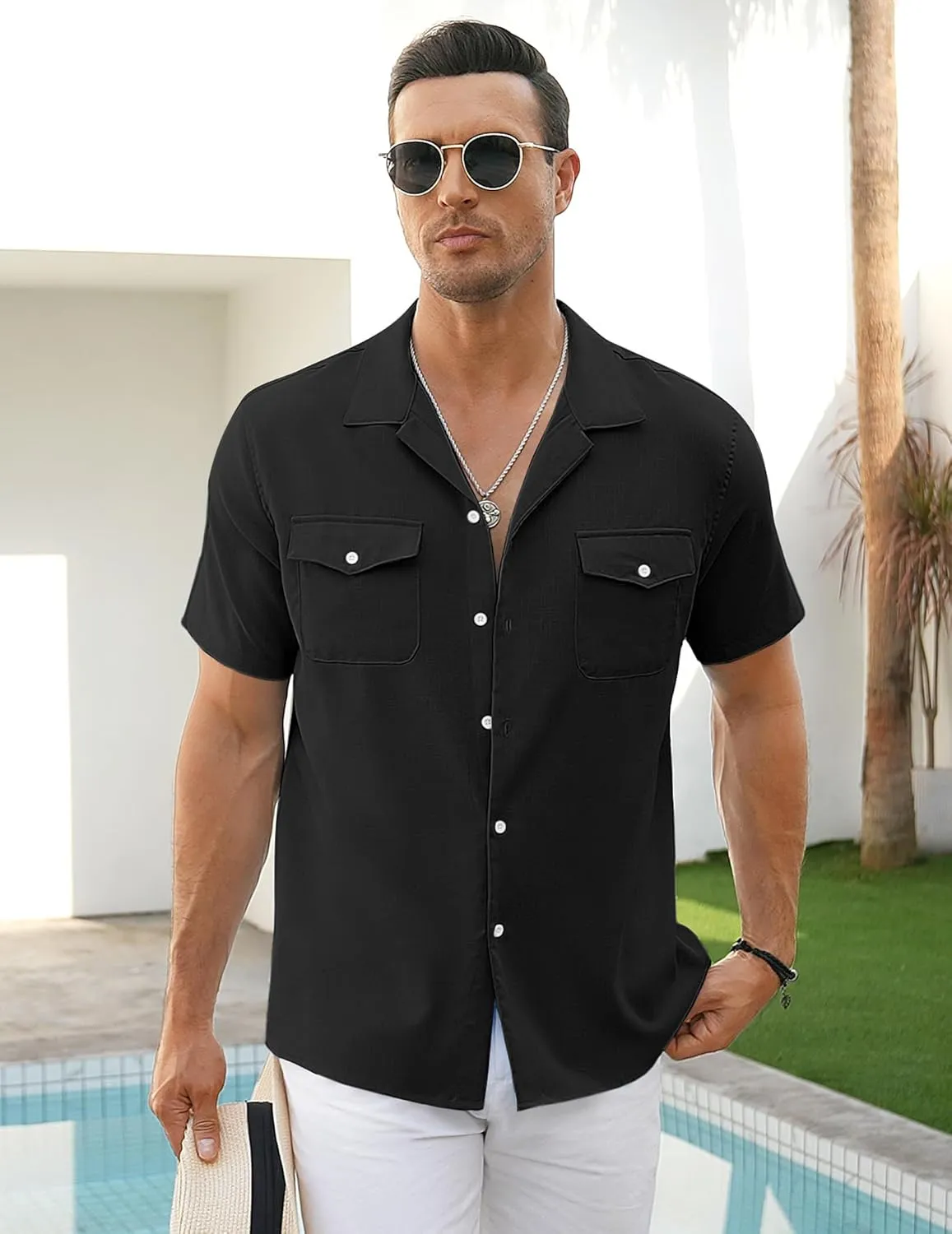 COOFANDY Men's Linen Short Sleeve Button Down Shirt Casual Cuban Collar Summer Beach Shirts Vacation Essentials