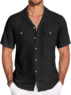 COOFANDY Men's Linen Short Sleeve Button Down Shirt Casual Cuban Collar Summer Beach Shirts Vacation Essentials