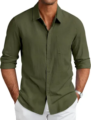 COOFANDY Mens Long Sleeve Button Up Shirts Casual Shirts No Tuck Dress Shirts Casual Linen Shirt Work Beach Shirt Army Green