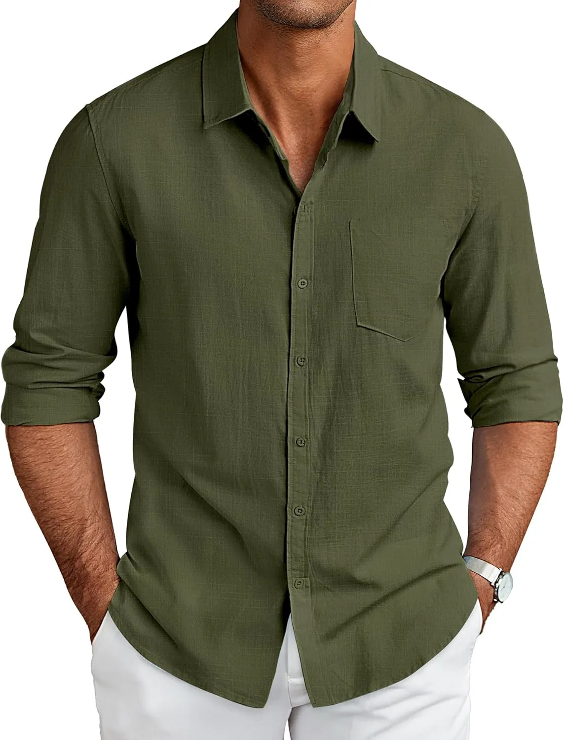 COOFANDY Mens Long Sleeve Button Up Shirts Casual Shirts No Tuck Dress Shirts Casual Linen Shirt Work Beach Shirt Army Green