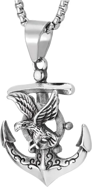 COOLSTEELANDBEYOND Mens Stainless Steel Eagle and Anchor Pendant Necklace, Nautical Symbolic Jewelry, Vintage Maritime