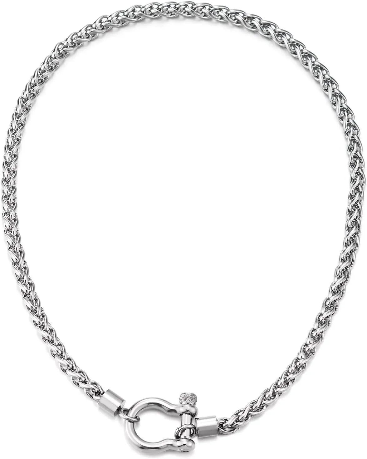 COOLSTEELANDBEYOND Mens Women Stainless Steel Foxtail Wheat Chain Necklace, Screw Anchor Shackle Nautical Sailor Clasp