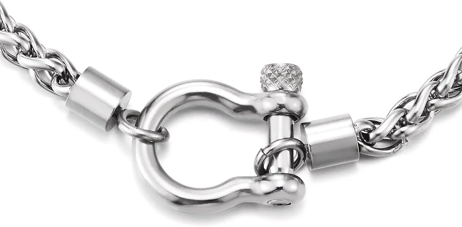COOLSTEELANDBEYOND Mens Women Stainless Steel Foxtail Wheat Chain Necklace, Screw Anchor Shackle Nautical Sailor Clasp