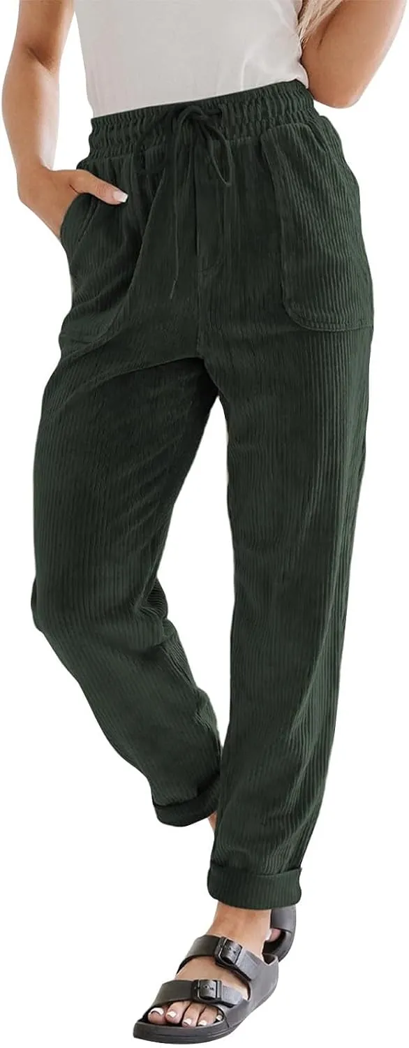 Corduroy Pants for Women Drawstring Loose Fit Pants 2025 High Waist Elastic Waist Pant Fashion Trendy Trousers