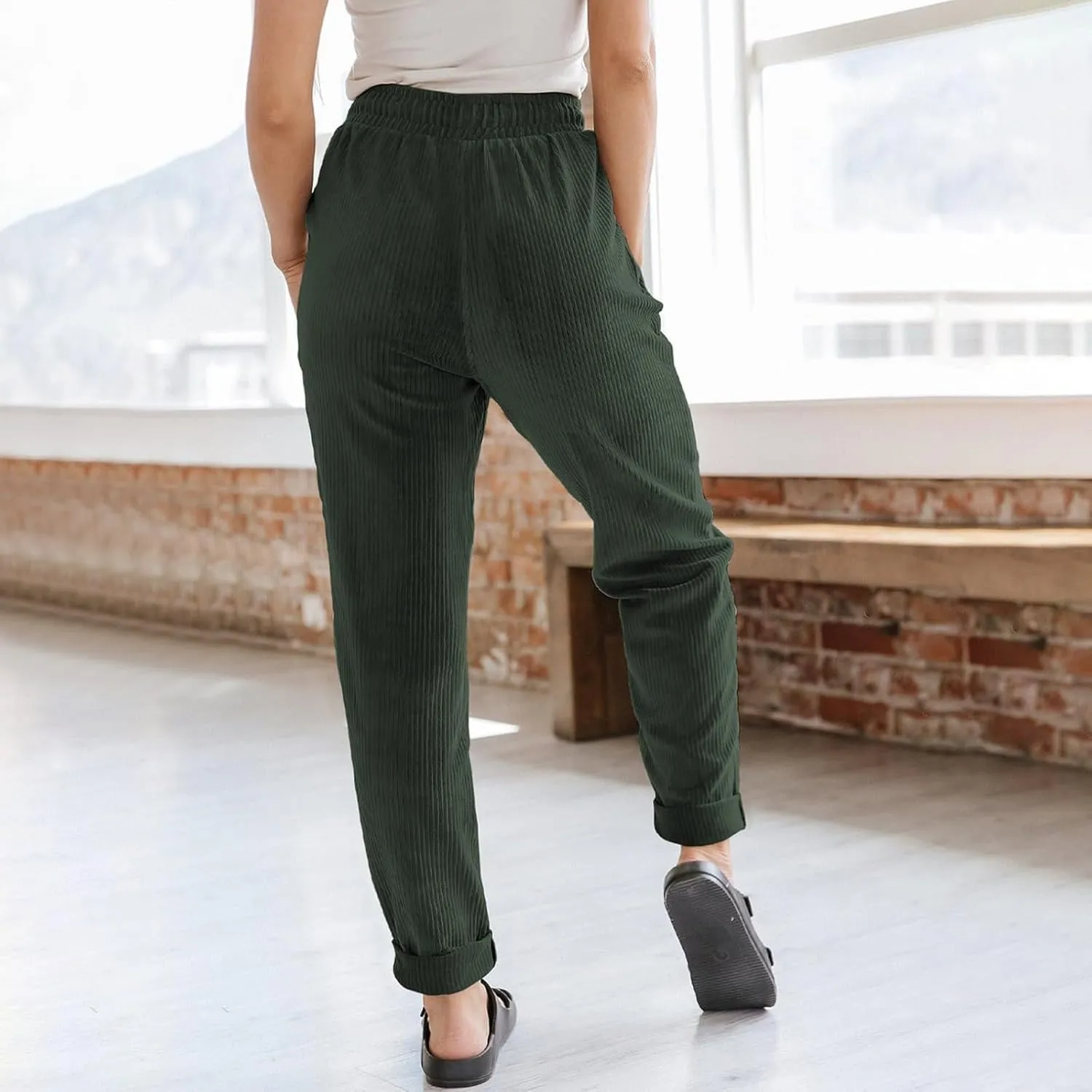 Corduroy Pants for Women Drawstring Loose Fit Pants 2025 High Waist Elastic Waist Pant Fashion Trendy Trousers