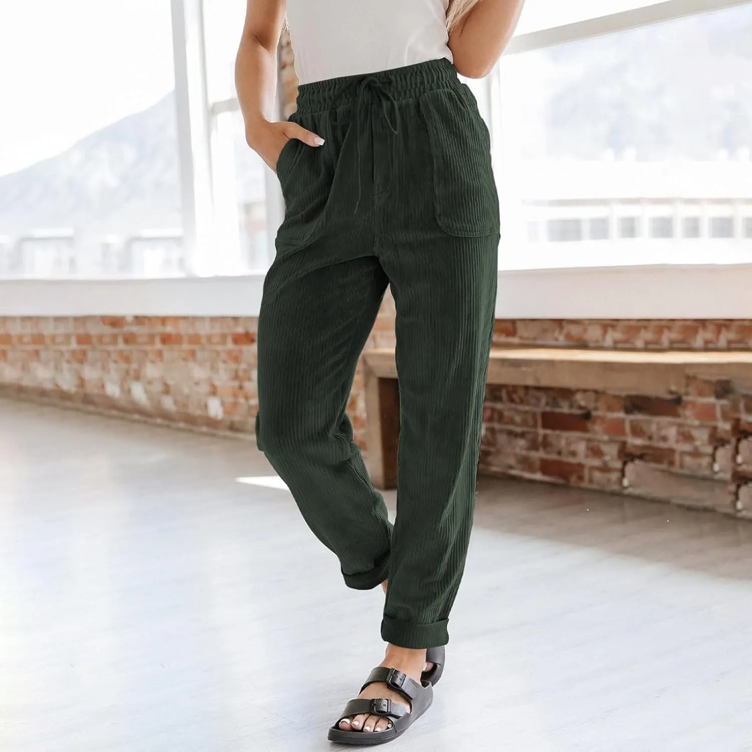 Corduroy Pants for Women Drawstring Loose Fit Pants 2025 High Waist Elastic Waist Pant Fashion Trendy Trousers