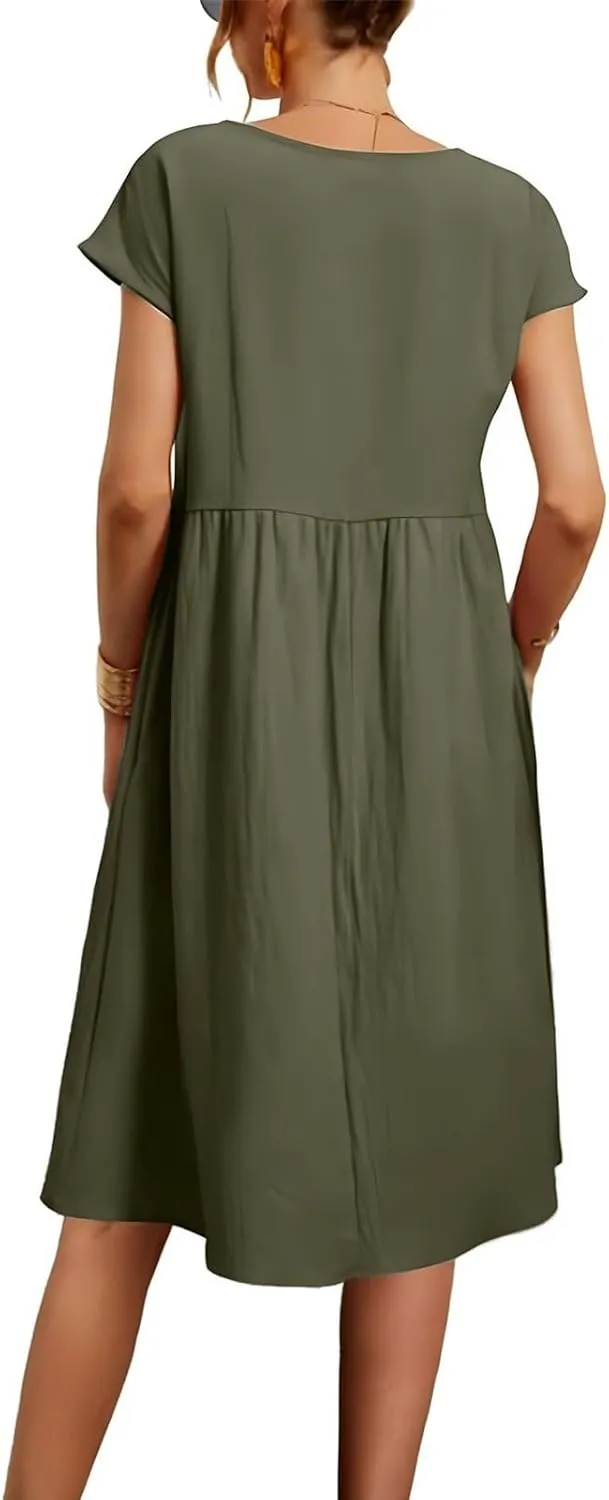 Cotton Linen Dress Womens Casual Summer Cap Sleeve Midi Dress A Line Flowy Knee Length T Shirt Dress with Pockets