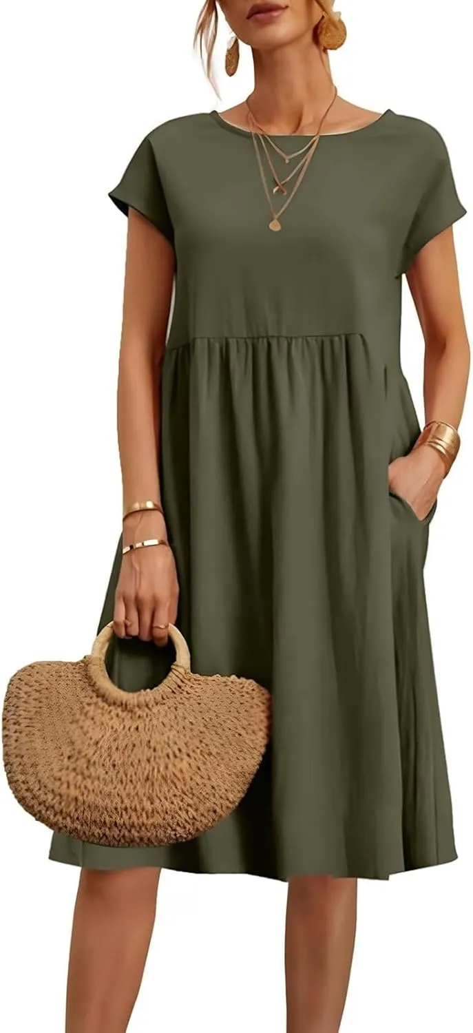 Cotton Linen Dress Womens Casual Summer Cap Sleeve Midi Dress A Line Flowy Knee Length T Shirt Dress with Pockets