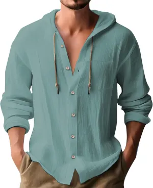 Cotton Linen Shirts for Men Drawstring Button Long Sleeve Tops with Hood Casual Breathable Summer Beach Hoodie