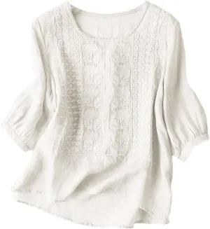 Cotton Linen Shirts for Women Summer Oversized Vintage Embroidery 3/4 Sleeve Short Sleeve Casual Trendy Tops Blouses