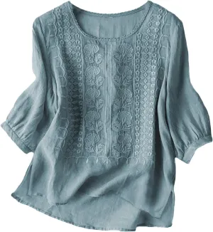 Cotton Linen Shirts for Women Summer Oversized Vintage Embroidery 3/4 Sleeve Short Sleeve Casual Trendy Tops Blouses