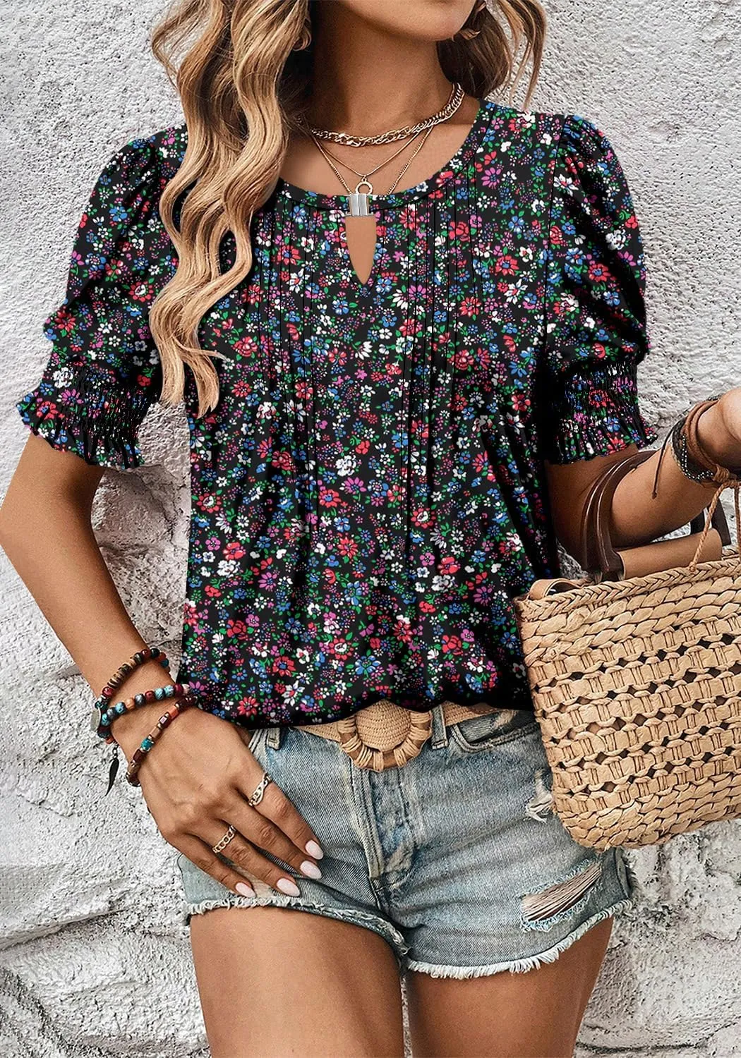 CRAZY GRID Women's Dressy Casual Top Puff Sleeve Summer Shirt Loose Trendy Pleated Blouse