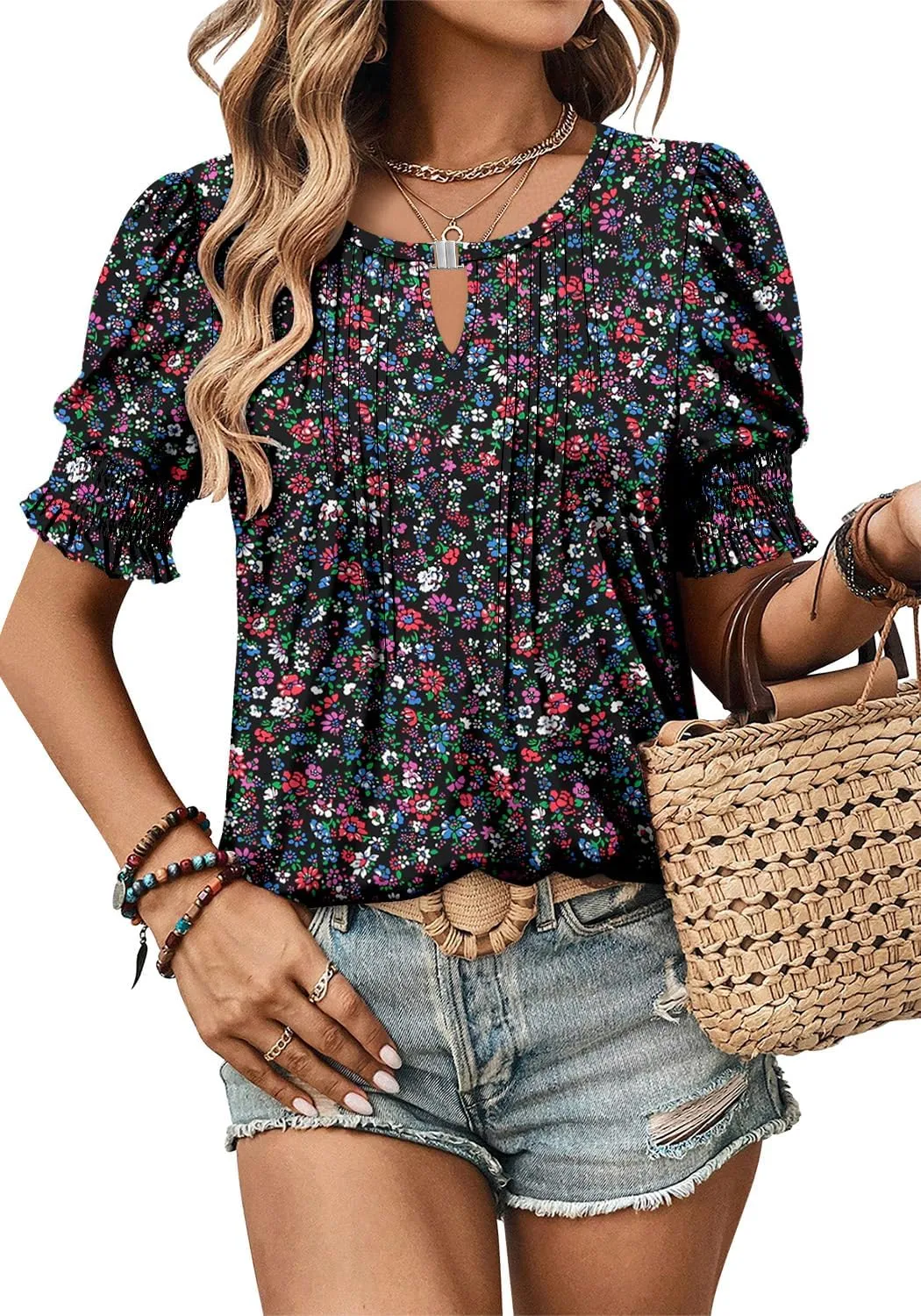 CRAZY GRID Women's Dressy Casual Top Puff Sleeve Summer Shirt Loose Trendy Pleated Blouse