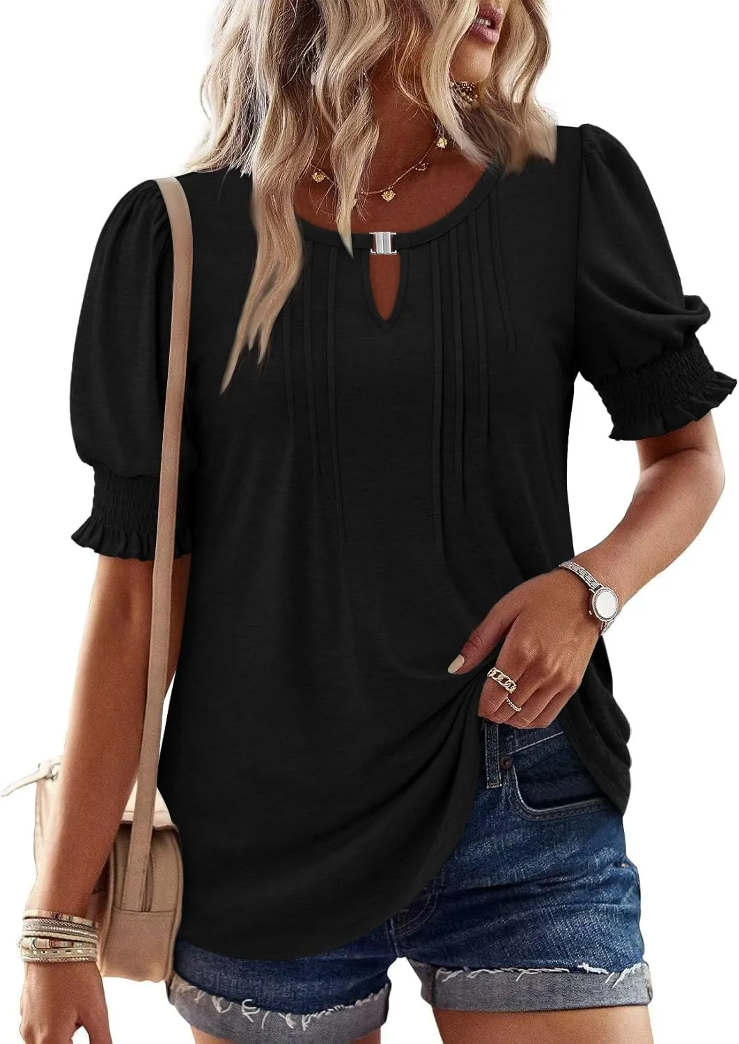 CRAZY GRID Women's Dressy Casual Top Puff Sleeve Summer Shirt Loose Trendy Pleated Blouse