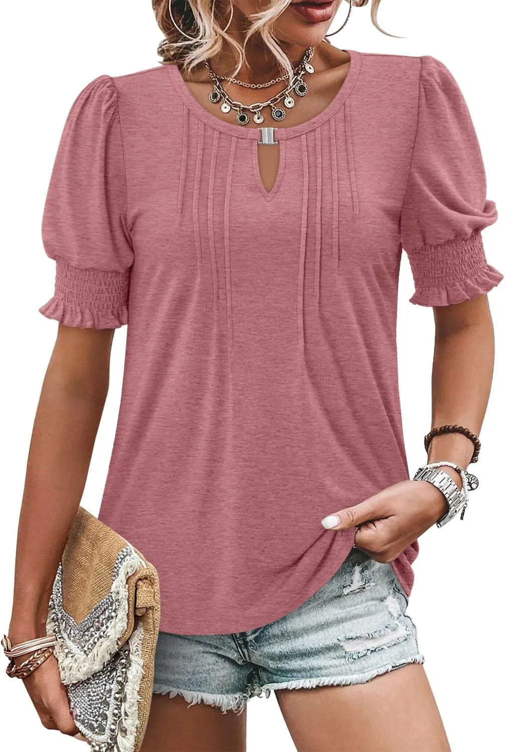 CRAZY GRID Women's Dressy Casual Top Puff Sleeve Summer Shirt Loose Trendy Pleated Blouse