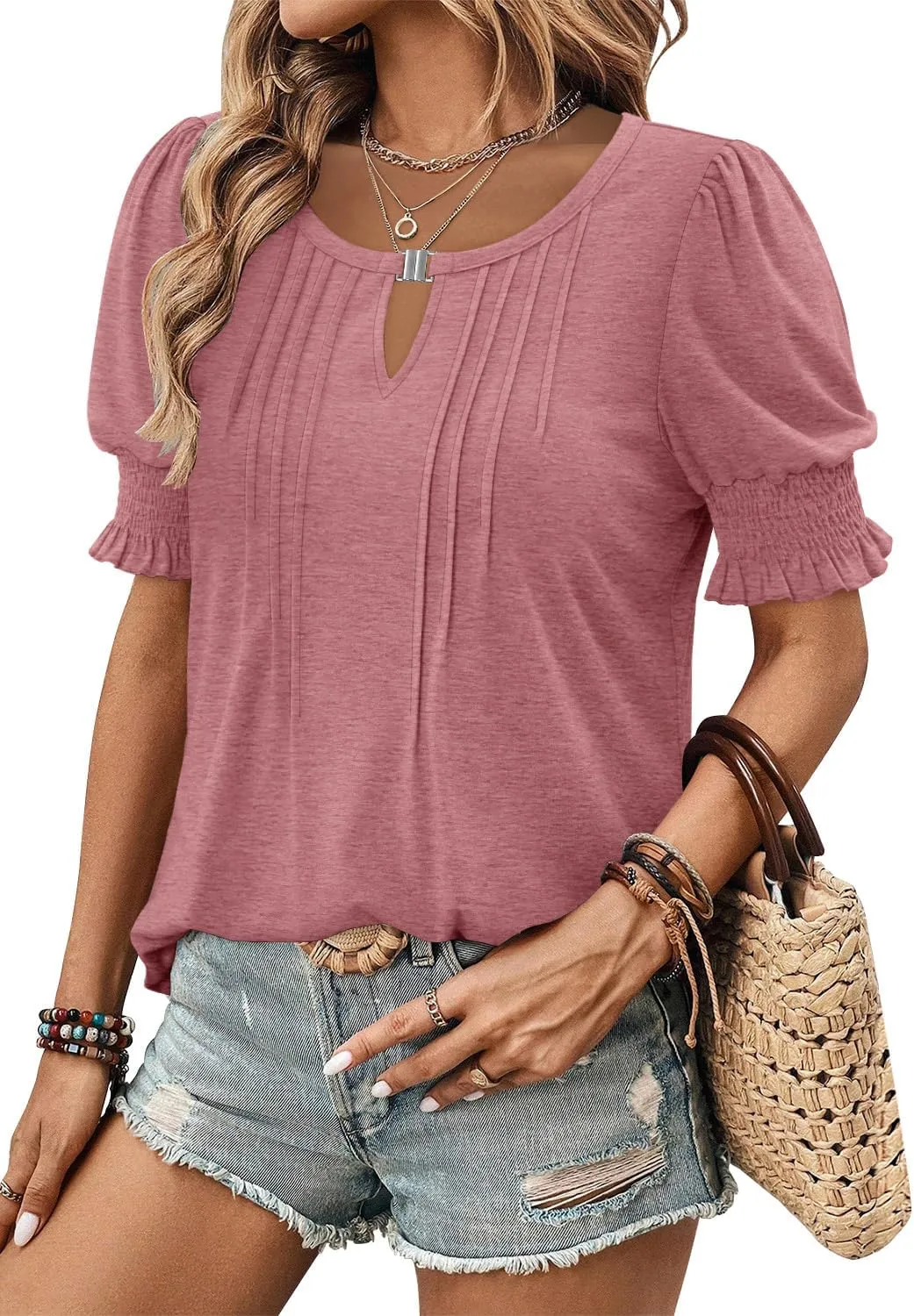 CRAZY GRID Women's Dressy Casual Top Puff Sleeve Summer Shirt Loose Trendy Pleated Blouse