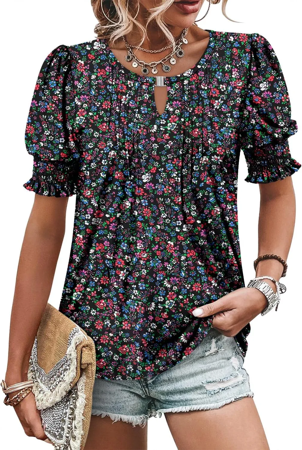 CRAZY GRID Women's Dressy Casual Top Puff Sleeve Summer Shirt Loose Trendy Pleated Blouse