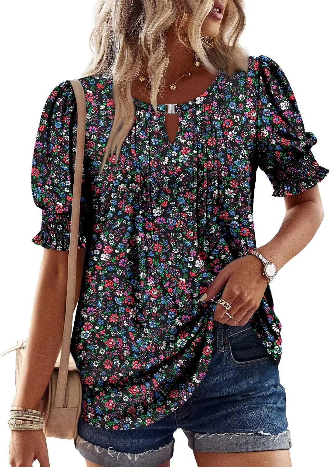 CRAZY GRID Women's Dressy Casual Top Puff Sleeve Summer Shirt Loose Trendy Pleated Blouse