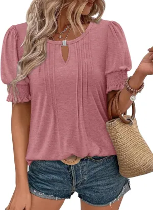 CRAZY GRID Women's Dressy Casual Top Puff Sleeve Summer Shirt Loose Trendy Pleated Blouse