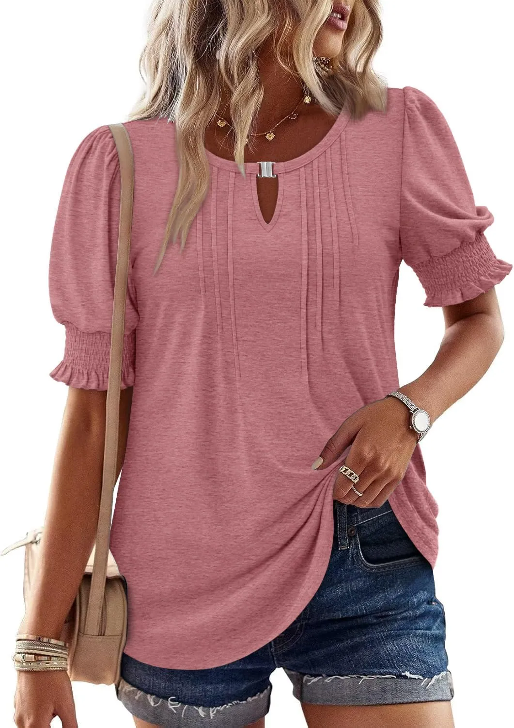 CRAZY GRID Women's Dressy Casual Top Puff Sleeve Summer Shirt Loose Trendy Pleated Blouse