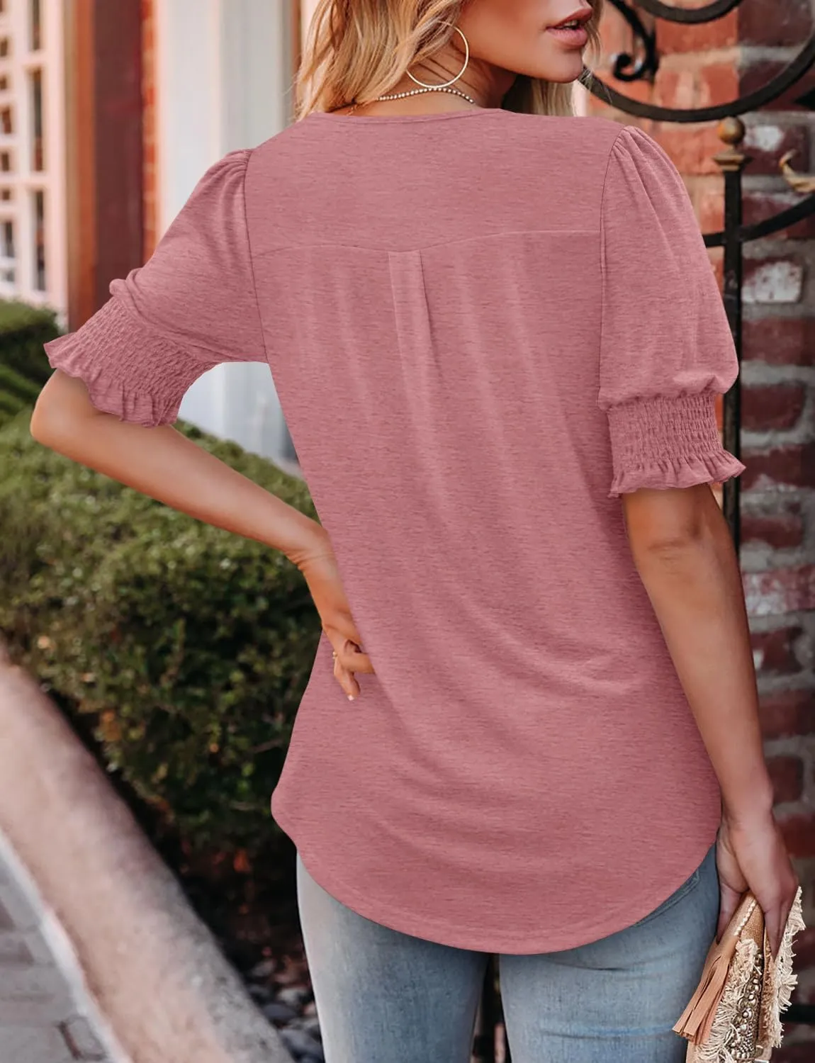 CRAZY GRID Women's Dressy Casual Top Puff Sleeve Summer Shirt Loose Trendy Pleated Blouse