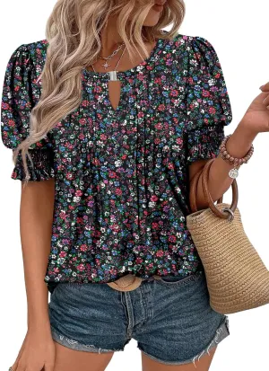 CRAZY GRID Women's Dressy Casual Top Puff Sleeve Summer Shirt Loose Trendy Pleated Blouse