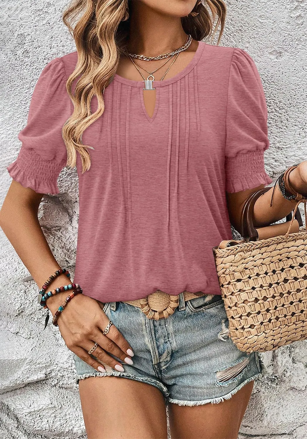 CRAZY GRID Women's Dressy Casual Top Puff Sleeve Summer Shirt Loose Trendy Pleated Blouse