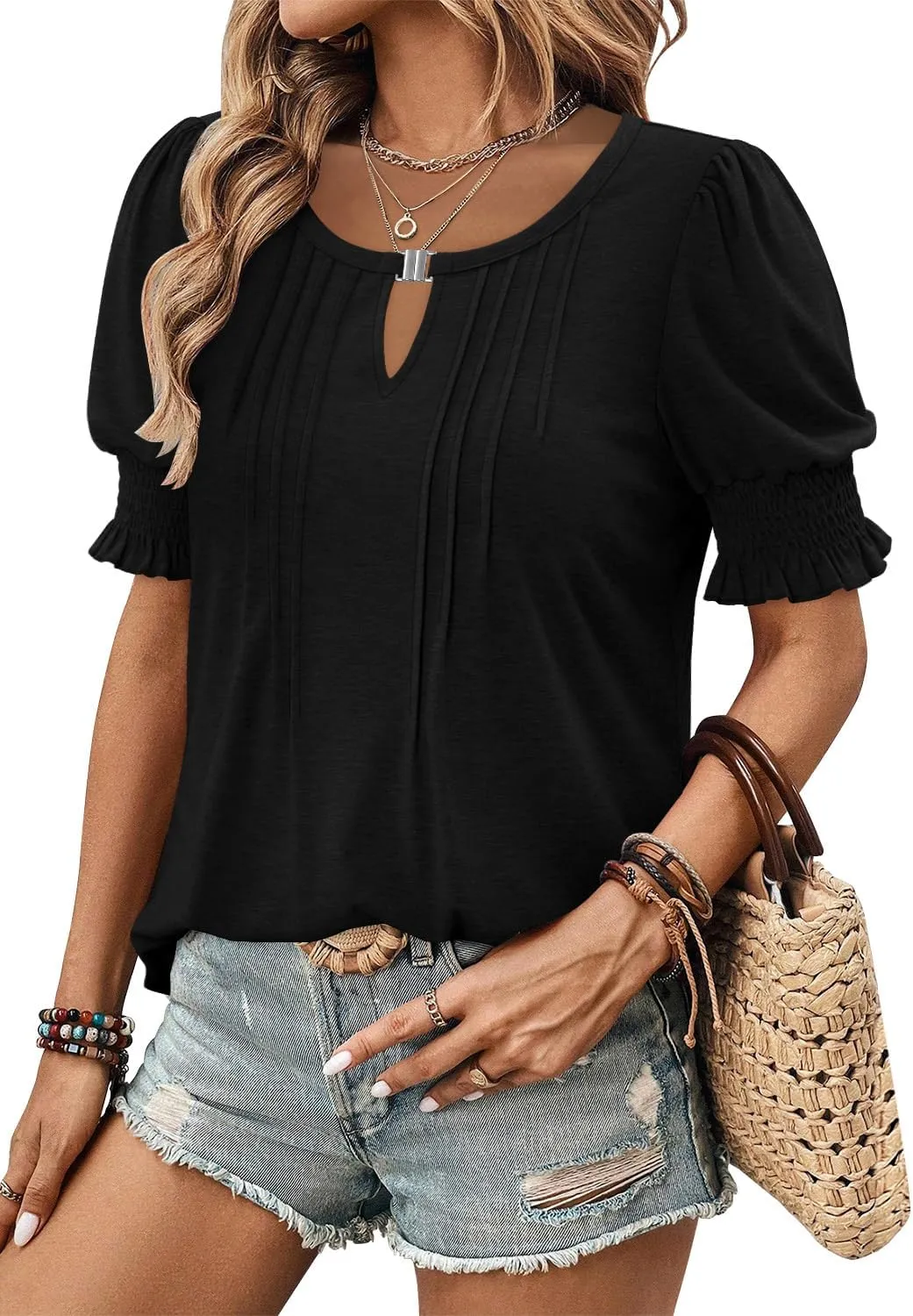 CRAZY GRID Women's Dressy Casual Top Puff Sleeve Summer Shirt Loose Trendy Pleated Blouse
