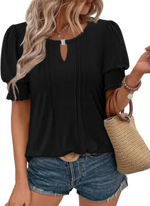 CRAZY GRID Women's Dressy Casual Top Puff Sleeve Summer Shirt Loose Trendy Pleated Blouse