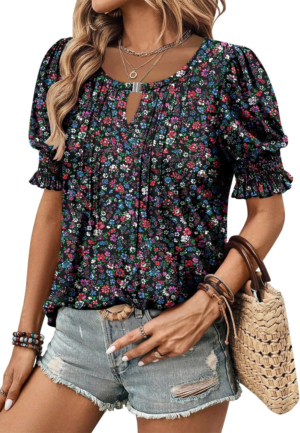 CRAZY GRID Women's Dressy Casual Top Puff Sleeve Summer Shirt Loose Trendy Pleated Blouse