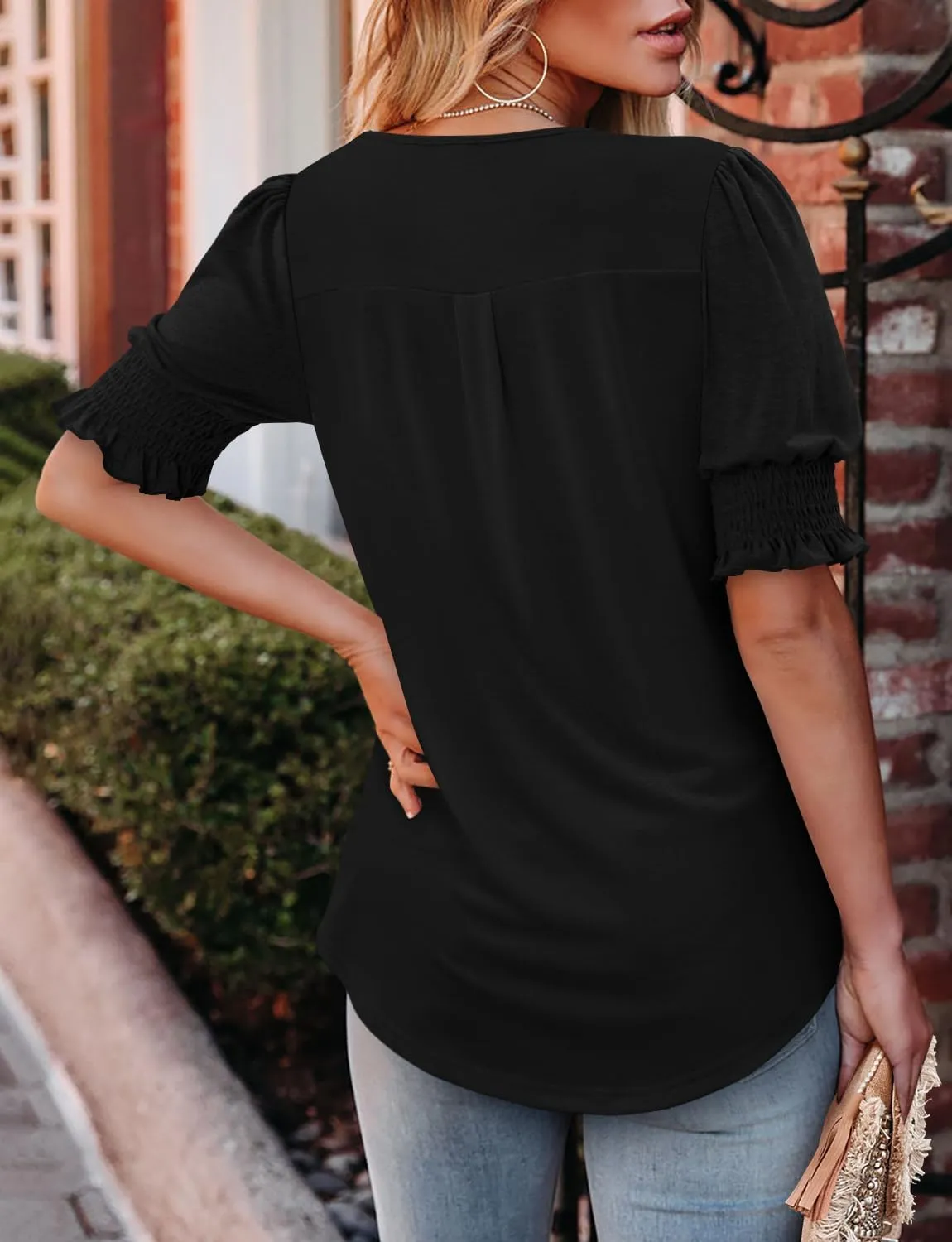 CRAZY GRID Women's Dressy Casual Top Puff Sleeve Summer Shirt Loose Trendy Pleated Blouse