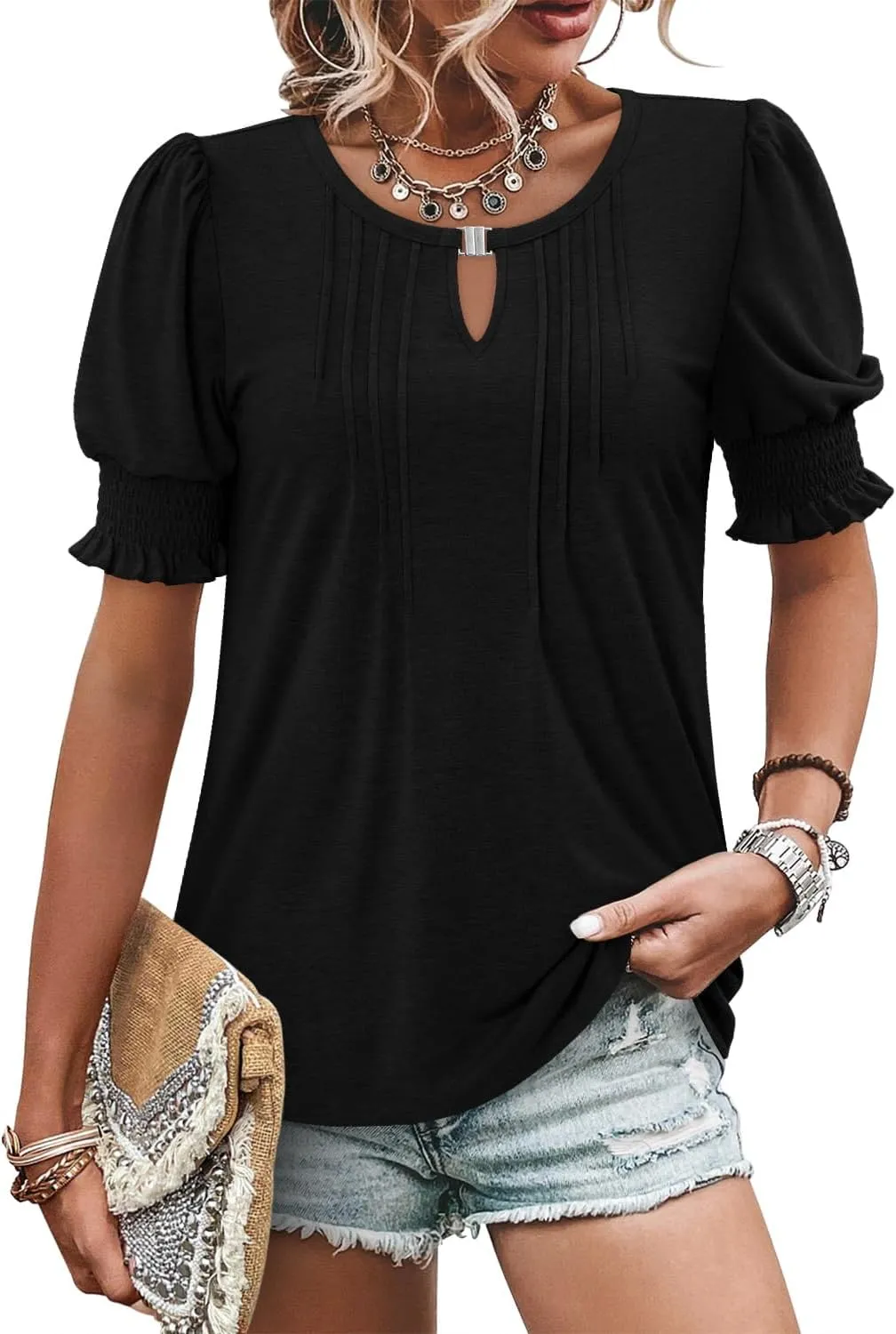 CRAZY GRID Women's Dressy Casual Top Puff Sleeve Summer Shirt Loose Trendy Pleated Blouse