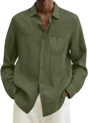 CRNTCEM Mens Button Down Long Sleeve Beach Shirts Casual Regular Fit Cotton Linen Shirts Lightweight Summer Holiday Blouses