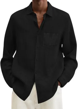 CRNTCEM Mens Button Down Long Sleeve Beach Shirts Casual Regular Fit Cotton Linen Shirts Lightweight Summer Holiday Blouses