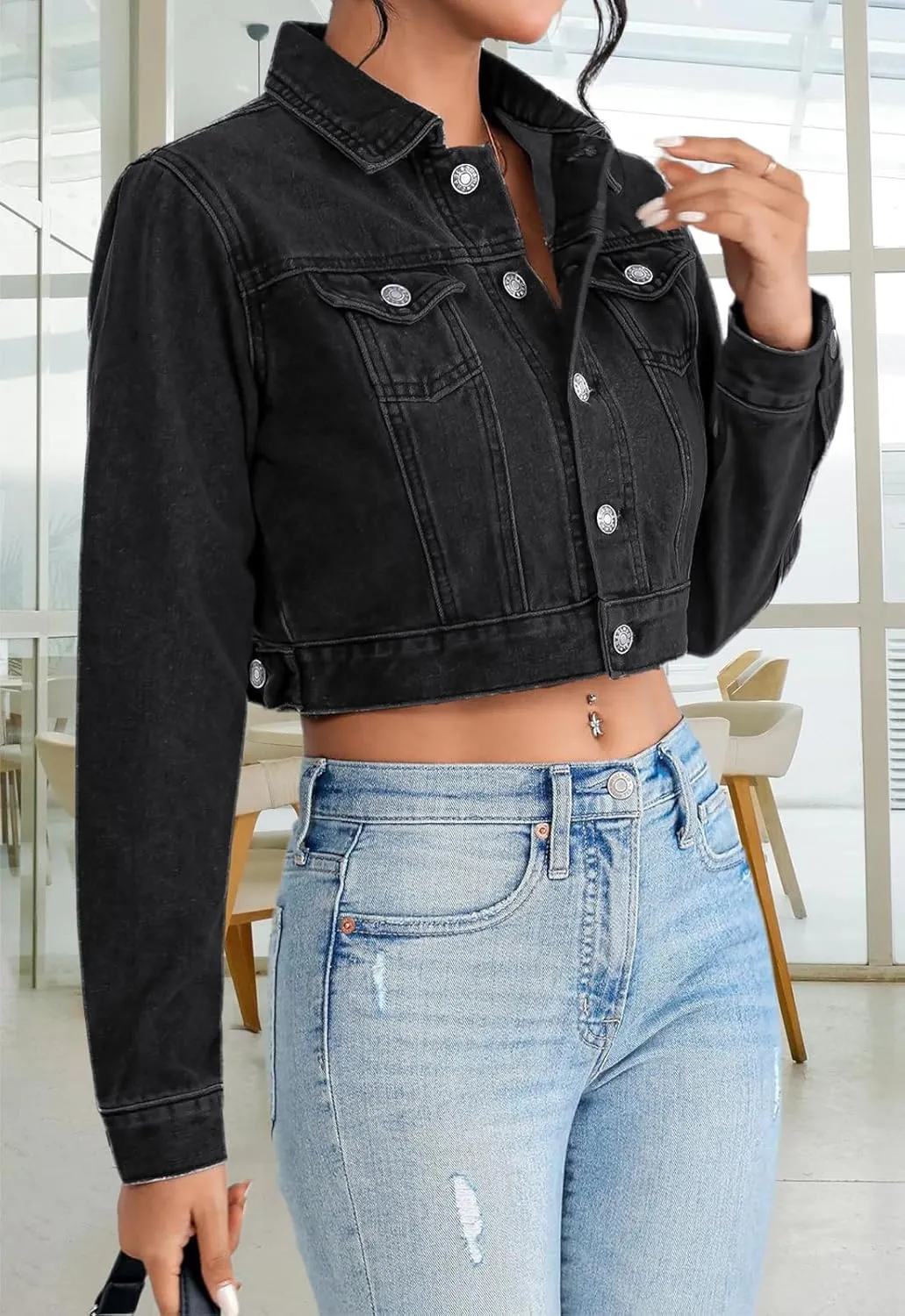 Cropped Jean Jacket for Women Long Sleeve Classic Casual Crop Top Denim Jackets Coat