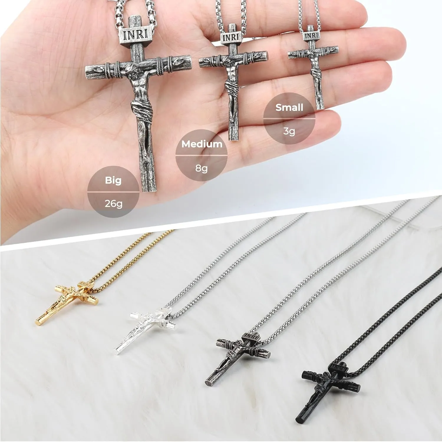Crucifix Cross Necklace for Men and Women with 18K Gold Plated Exquisite Jesus Pendant and Double Adjustable Necklace Chains 16-30 Inch